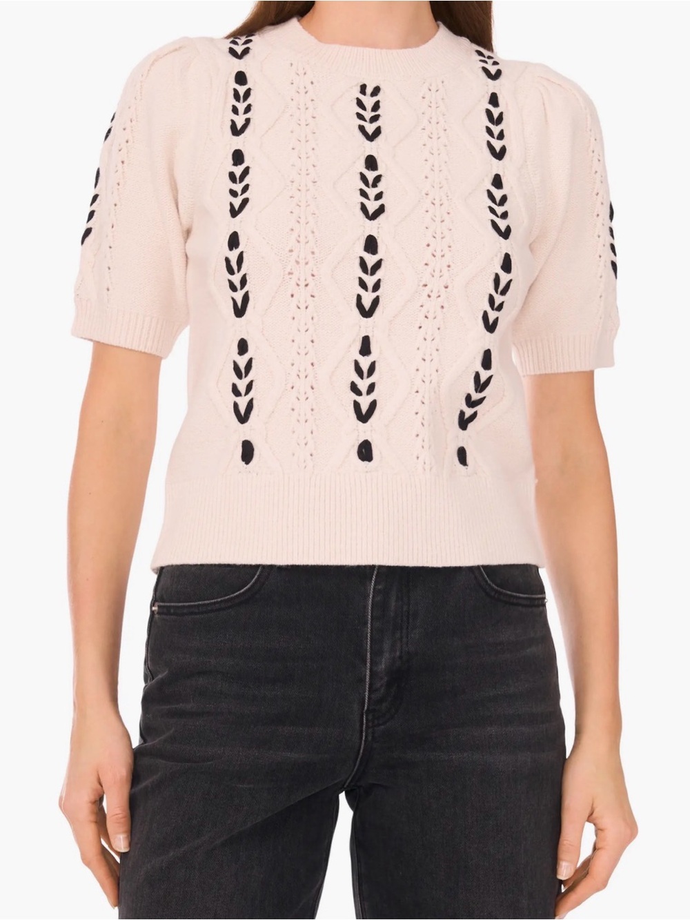 1. State Cream Short-Sleeve Cable Knit Sweater with Black Braid Accents